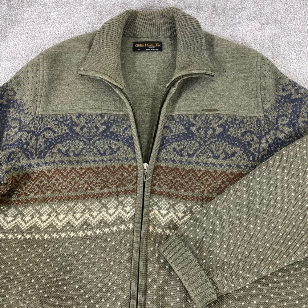 Geiger Cardigan Sweater Mens 56 Boiled Wool Full Zip Fair Isle Reindeer Green